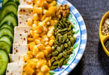 체력 향상을 위한 근력 운동과 단백질 섭취의 중요성 yellow corn on white and blue ceramic plate